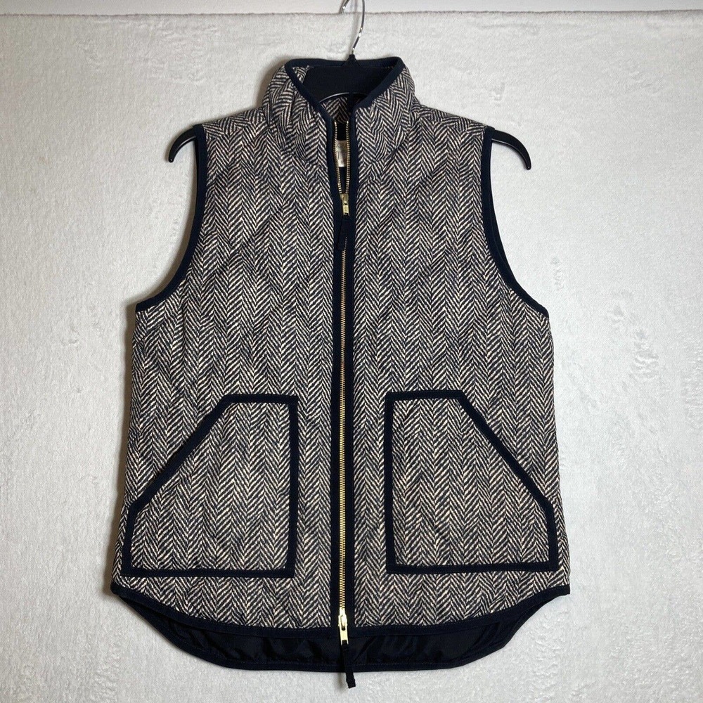 J Crew Womens Down Full Zip Vest Small Black Cream Herringbone Mock Neck Warm